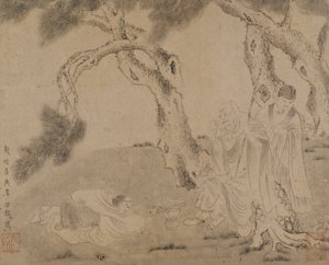Luohan, Begleiter und Verehrer unter Kiefern, Yuan- oder Ming-Dynastie, 1279-1644