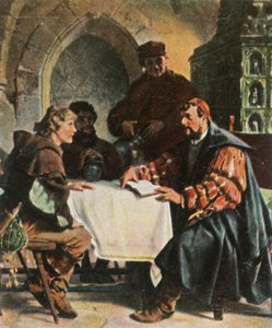 Luther als Junker Jörg im Gasthaus von Jena mit Schweizer Studenten, 1522, 1936 von Unbekannt