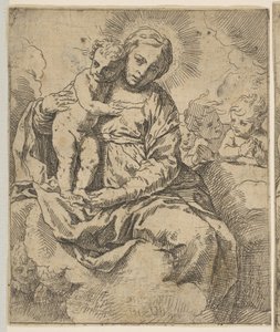 Madonna und Kind auf Wolken sitzend und von Engeln umgeben, Kopie in umgekehrter Richtung, ca. 1639 oder später von Unbekannt