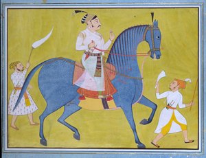 Maharaja Pratap Singh von Sawar reitet, mit zwei Begleitern zu Fuß, ca. 1700 von Unbekannt