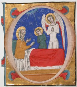 Manuskript-Illumination mit Tobit, Tobias und dem Erzengel Raphael in einem Initial O..., Mitte des 14. Jahrhunderts