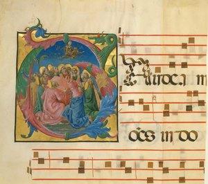 Manuskriptillumination mit der Himmelfahrt der Jungfrau in einer Initiale G..., italienisch, 1450-60