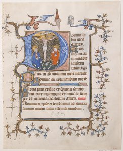 Manuskriptblatt mit der Kreuzigung in einer Initiale D, aus einem Stundenbuch, ca. 1350 von Unbekannt