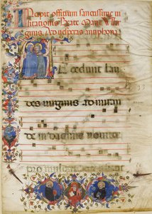 Manuskriptblatt mit der Heimsuchung in einem Initial A und Kardinal Adam Easton..., um 1400 von Unbekannt