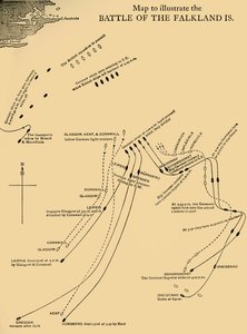 Karte zur Veranschaulichung der Schlacht um die Falklandinseln am 8. Dezember 1914, ca. 1920