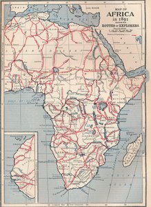 Karte von Afrika im Jahr 1891 mit den Routen der Entdecker, 1906