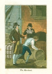 Kaufmann und sein Angestellter am Kai beim Überprüfen von Waren in einem Lagerhaus, 1823