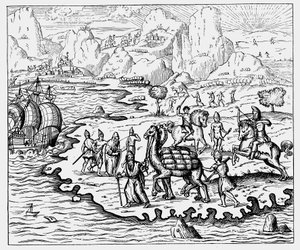 Händler transportieren Waren zur Küste und zu einem wartenden Schiff per Kamel, 1575
