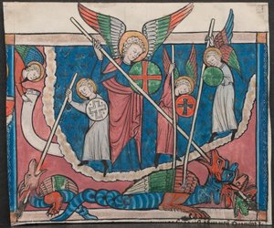 Miniatur aus einem Manuskript der Apokalypse: Der Krieg im Himmel, um 1295