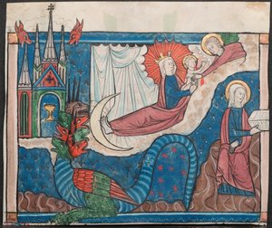 Miniatur aus einem Manuskript der Apokalypse: Die Frau, bekleidet mit der Sonne, ca. 1295