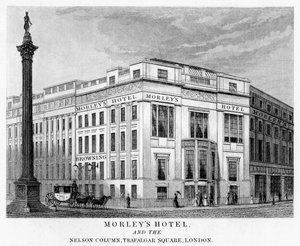 Morleys Hotel und Nelsons Säule, Trafalgar Square, Westminster, London, 19. Jahrhundert