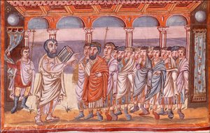 Moses empfängt die Gesetzestafeln, Miniatur aus der Moutier-Grandval-Bibel, ca. 830-ca. 840