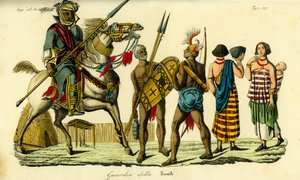 Berittener Leibwächter des Scheichs von Bornu zusammen mit Kanembu-Lanzenträger und Munga-Bogenschütze, Kanem-Bornu-Reich