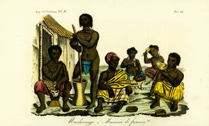 Muchicongo-Männer und viele Frauen vor einer Hütte, Angola von Unbekannt