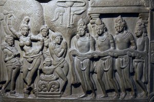 Nationalmuseum von Indien, Delhi. Szenen aus dem Leben Buddhas. Ikshvaku, 3. Jahrhundert n. Chr. Nagarjunakonda, Andhra Pradesh. Grauer Kalkstein. Detail. Indien.