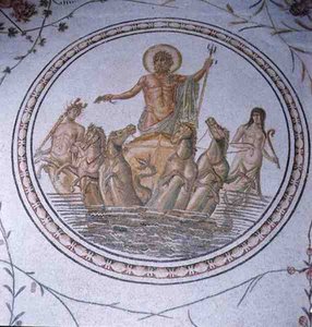 Neptun auf seinem Wagen, mit Hippokampen und Tritonen (Mosaik) von Unbekannt