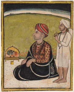 Adliger, der auf einem Freisitz im Freien sitzt und ein Schrein von Krishna anbetet, um 1800 von Unbekannt