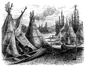 Siedlung der nordamerikanischen Cree-Indianer im Sommer, 1874