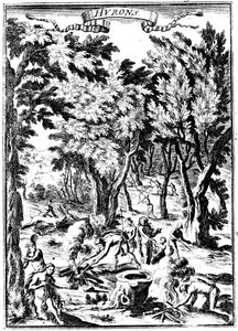 Nordamerikanische Huron-Indianer beim Jagen und Zubereiten von Nahrung im Wald, 1686 von Unbekannt
