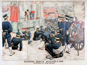 Japanische Soldaten außer Dienst im Theater in ihrem Lager, Russisch-Japanischer Krieg, 1904
