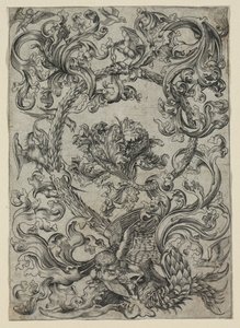 Ornamentales Laubwerk mit einer Eule und anderen Vögeln, 1400er