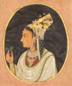 Ovales Porträt einer Frau mit Chaghtai-Hut, um 1740-50