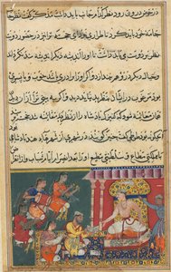 Seite aus Geschichten eines Papageis Tuti-nama: Achte Nacht: Der Astrologe sagt eine Katastrophe voraus..., 1558-1 von Unbekannt