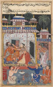 Seite aus den Geschichten eines Papageis Tuti-nama: Achte Nacht: Die betrügerische Frau greift an, ca. 1560
