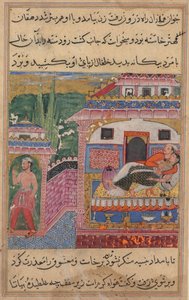 Seite aus Geschichten eines Papageis Tuti-nama: Achte Nacht: Die betrügerische Frau überredet..., 1558-1560 von Unbekannt