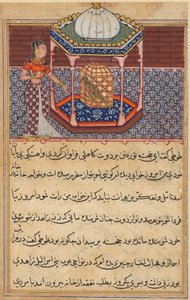 Seite aus Geschichten eines Papageis Tuti-nama: Zweiundfünfzigste Nacht: Der Papagei spricht Khujasta an..., ca. 1560