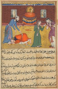 Seite aus Geschichten eines Papageis Tuti-nama: Zweiundfünfzigste Nacht: Der fromme Manns Sohn..., um 1560 von Unbekannt