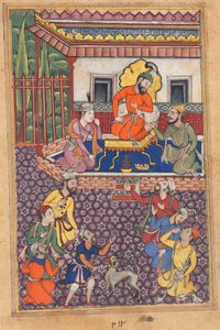 Seite aus den Geschichten eines Papageis Tuti-nama: Sechsundvierzigste Nacht: Der Hof des Raja von Ujjain, um 1560