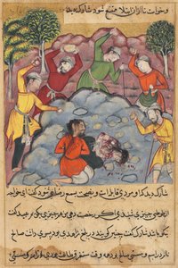 Seite aus den Geschichten eines Papageis Tuti-nama: Die Tochter des Rajas und ihr Liebhaber gesteinigt..., ca. 1560 von Unbekannt