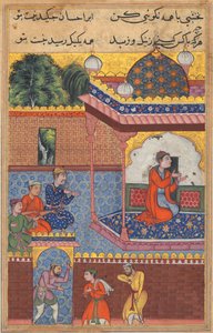 Seite aus den Geschichten eines Papageis Tuti-nama: Zweiunddreißigste Nacht: Kaiwan, Latif und Sharif..., um 1560 von Unbekannt