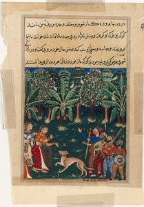 Seite aus Geschichten eines Papageis Tuti-nama: Zwölfte Nacht: Die Tochter des Kaufmanns..., um 1560 von Unbekannt