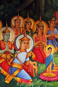 Malerei, die Buddhas Geburtstag (Wesak) in Wat Than darstellt, Phnom Penh, Kambodscha von Unbekannt