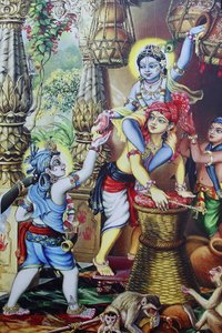 Gemälde des hinduistischen Gottes Krishna als Kind, das mit seinen Brüdern spielt, Indien