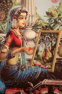Gemälde von Radha, die ein Bild von Krishna betrachtet, Indien von Unbekannt