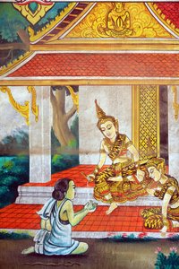 Gemälde, das die Lebensgeschichte von Shakyamuni Buddha darstellt. Wat Naxai. Vientiane. Laos, 20151106, Vientiane, Laos von Unbekannt