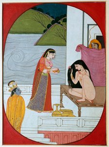 Gemälde des Gottes Krishna, der Radha beim Baden beobachtet von Unbekannt