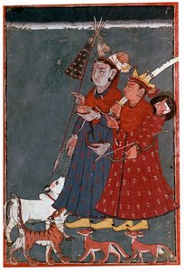 Malerei der Götter Siva und Khrishna begleitet von einem Stier, Tiger und Schakalen von Unbekannt