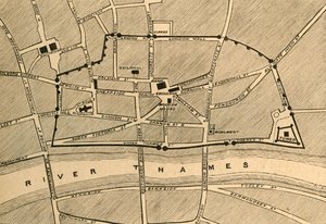 Teil des modernen Londons, der die alte Mauer zeigt, 1897