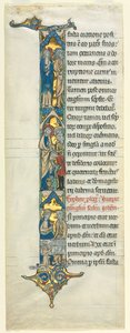Teilblatt aus einer lateinischen Bibel: Initiale I[n principio] mit der Hochzeit zu Kana, ca. 1260-1270