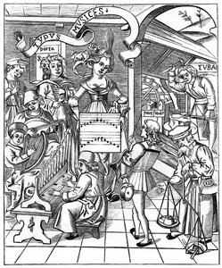 Personifikation der Musik, mit den Hilfskräften, dem Dichter und Musikern, 1508, 1870 von Unbekannt