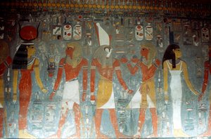 Pharao Horemheb mit der Göttin Isis und dem Gott Horus, Altägyptisch, 14. Jahrhundert v. Chr. von Unbekannt
