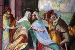 Wallfahrtskirche Madonna del Sasso. Der Besuch Marias bei Elisabeth, wie im Lukasevangelium aufgezeichnet, 20160508, Orselina, Schweiz