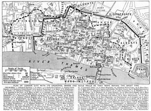 Plan der Stadt London mit Kirchen, Bezirken und Zunfthallen, 1926-1927
