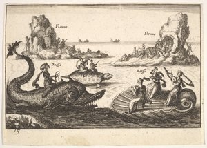 Tafel 15: Flüsse und Göttinnen, mit schwebenden Inseln, die von Stangenführern geleitet werden, weibliche Figur..., 1664