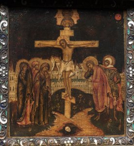 Tragbares Triptychon-Ikone: Die Kreuzigung, 1600er Jahre von Unbekannt