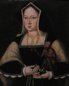 Porträt von Katharina von Aragon mit ihrem Haustieraffen, Kopie nach Lucas Horenbout, ca. 1530